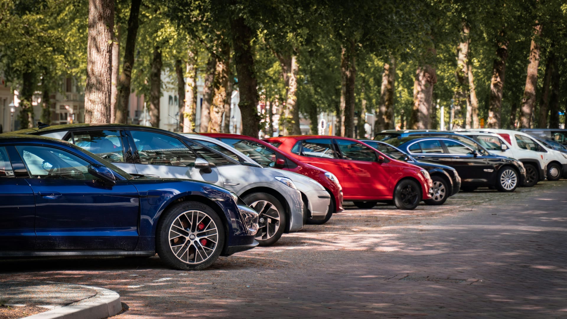 Parked cars along a tree-lined residential street